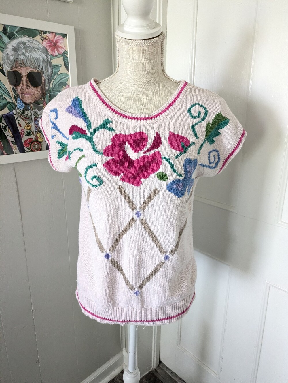 Beldoch Popper Vintage Short Sleeve Colorful Floral Sweater Medium Art to Wear